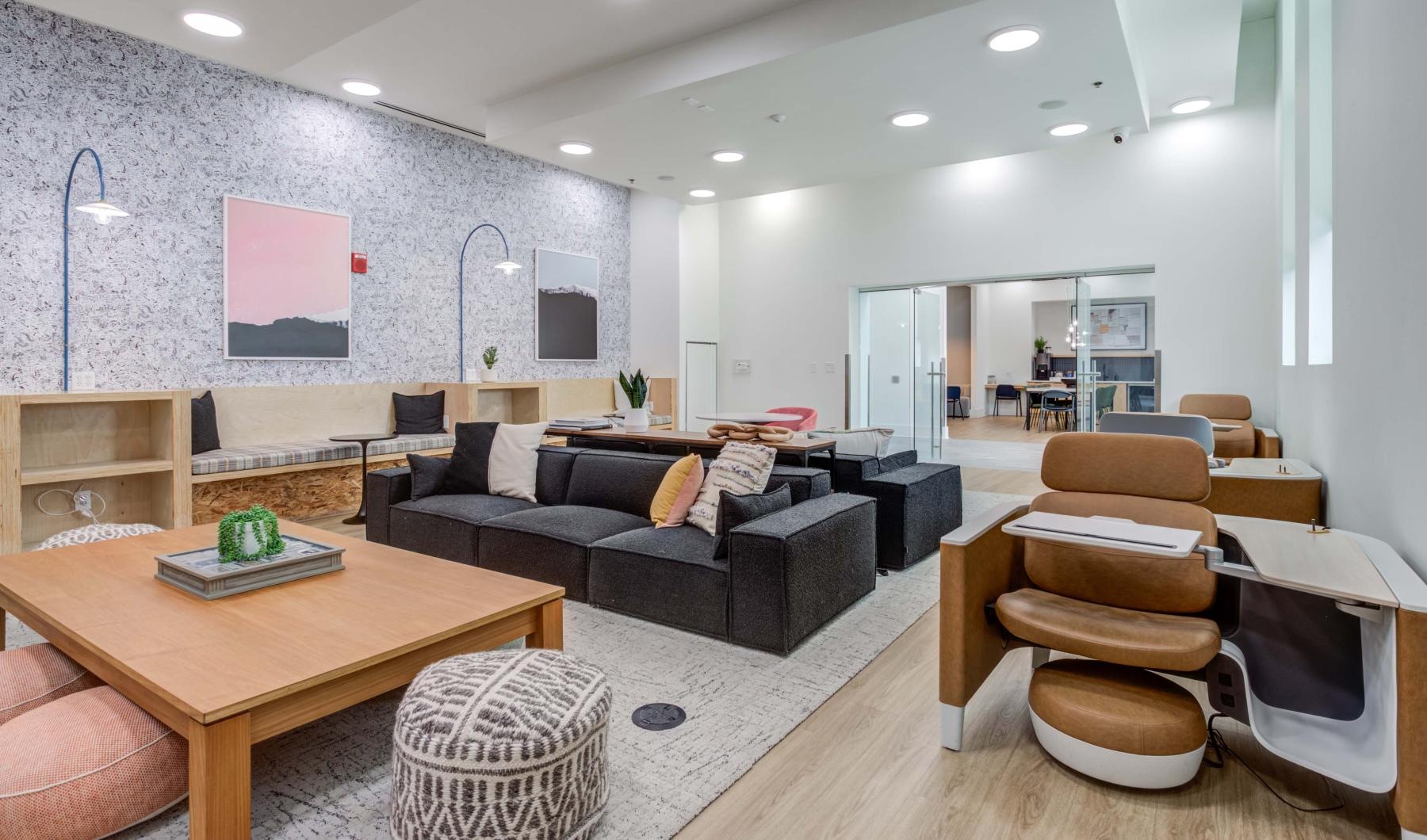 a living room with a couch and a table